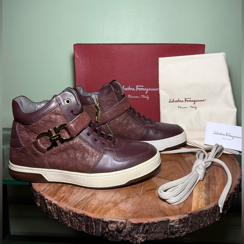SALVATORE FERRAGAMO BOOTS NAYON 2 BORDEAUX CALF GRENADE OSTRICH LEATHER